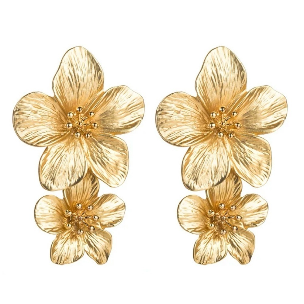 8J: BOHEMIAN Gold Sculptural Flower Earrings, Vintage. NIP - Picture 5 of 5